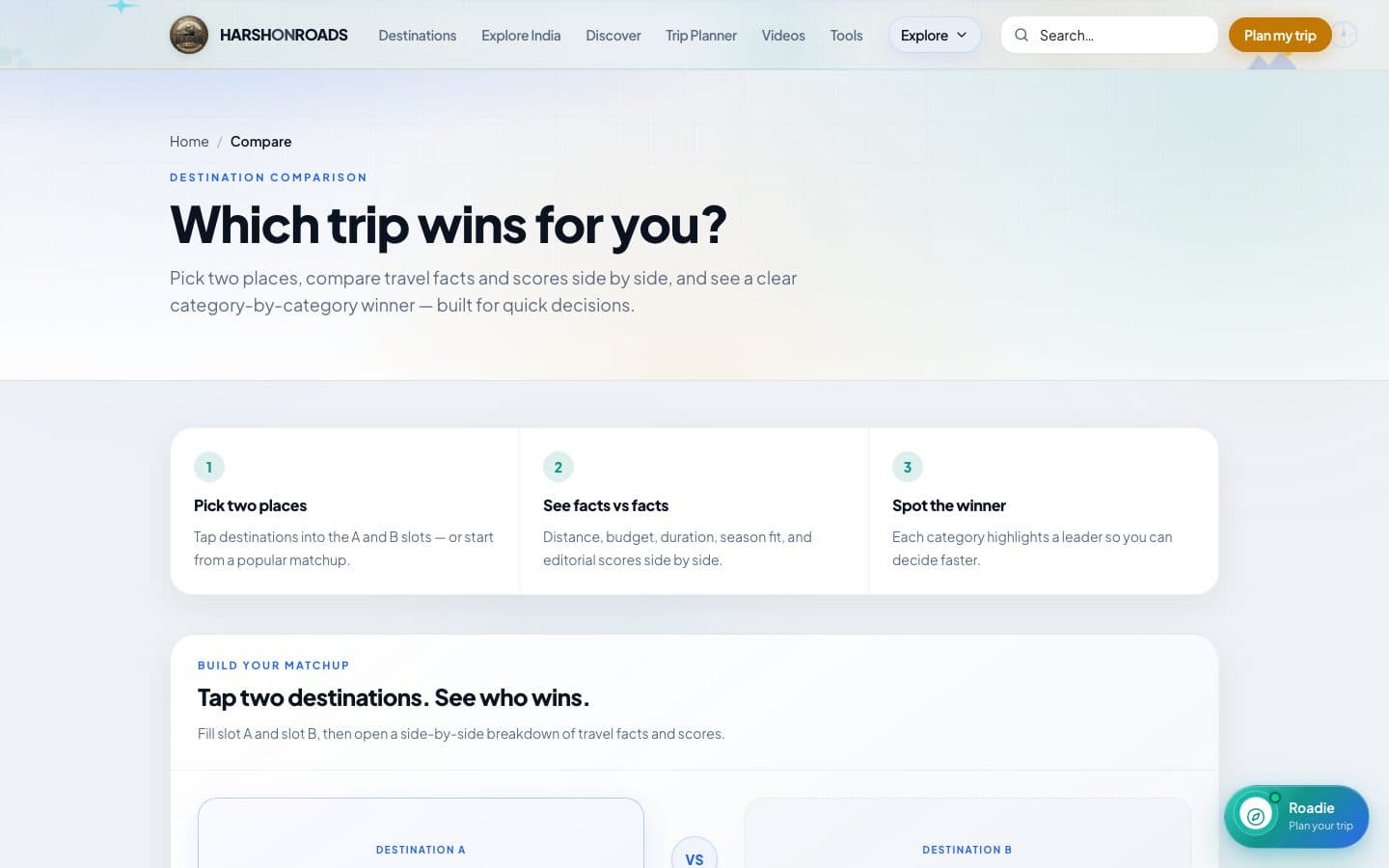 HarshOnRoads destination comparison page