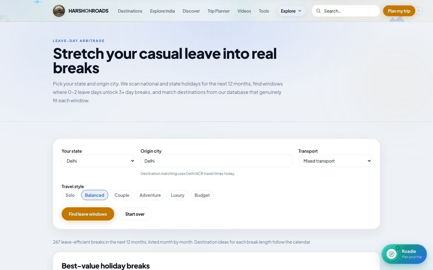 HarshOnRoads long-weekend finder page