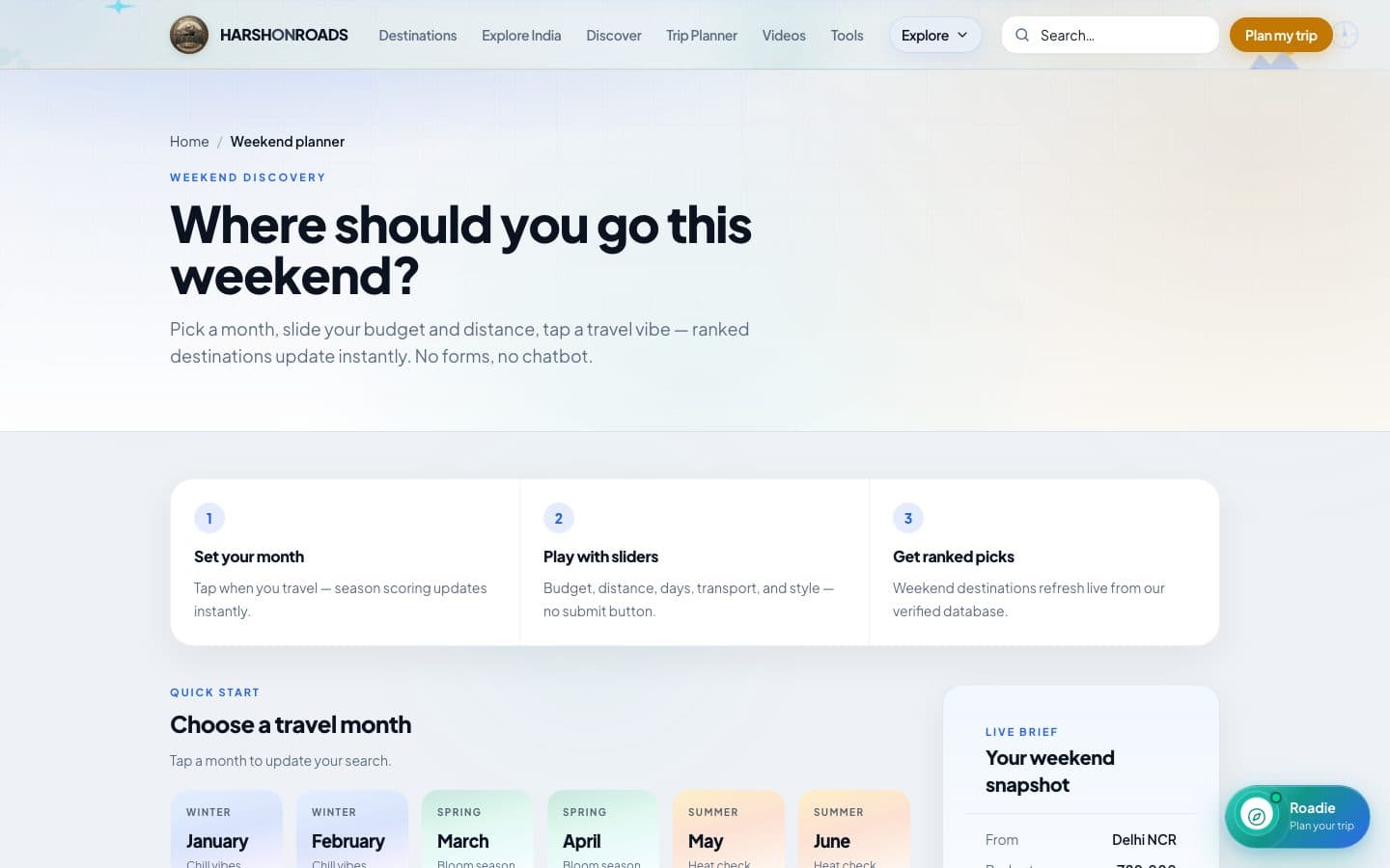HarshOnRoads weekend finder page