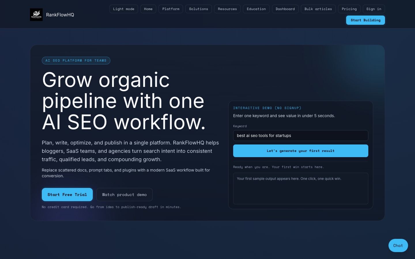 RankFlowHQ homepage with the no-signup interactive demo